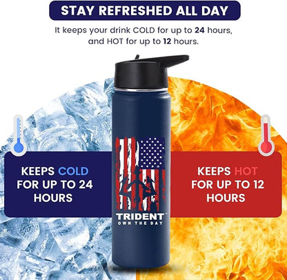 American Flag Water Bottle, 21 oz Insulated Water Bottle, Reusable Water Bottle with Straw, Leak Proof Water Bottles, Thermos Water Bottle - Retired Navy Combat Vet Small Business (Dark Blue, 21 Oz)