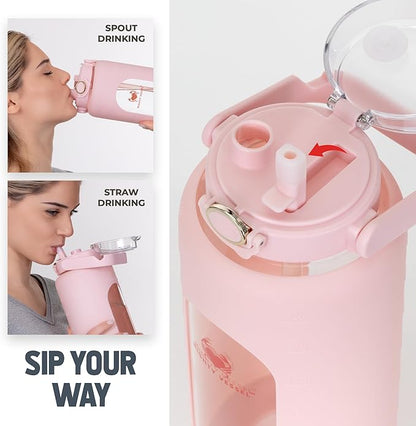 64oz Glass Water Bottle | Pink Water Bottle with Straw & Time Marker | Half Gallon Water Bottle with Measurements & Silicone Sleeve | Suitable for Travel, Gym, Sports & Daily Intake