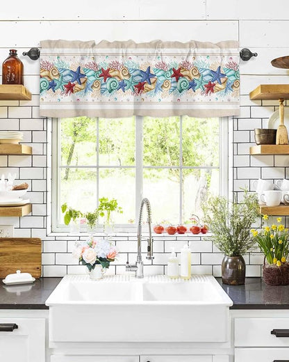 Coastal Beach Kitchen Curtains Valances for Windows Nautical Ocean Seashell Coral Starfish Rod Pocket Window Treatment for Kitchen /Living Room/Bedroom/ Bathroom, 42" X 12", Brown Aqua Summer