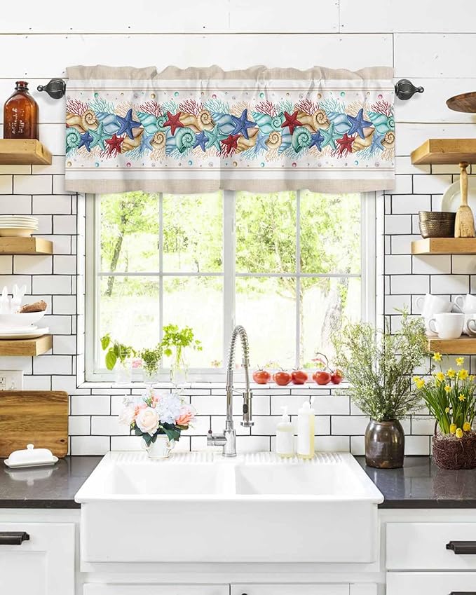Coastal Beach Kitchen Curtains Valances for Windows Nautical Ocean Seashell Coral Starfish Rod Pocket Window Treatment for Kitchen /Living Room/Bedroom/ Bathroom, 54" X 18", Brown Aqua Summer
