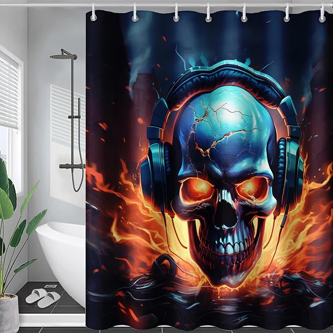 AILONEN Headset Skull Shower Curtain,Hip Hop Skeleton Fire Skull Bath Curtain,Cool Skull Decoration Bathroom Curtain with 12 Plastic Hooks,Waterproof 48" W*72" H