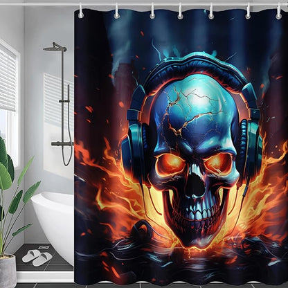 AILONEN Headset Skull Shower Curtain,Hip Hop Skeleton Fire Skull Bath Curtain,Cool Skull Decoration Bathroom Curtain with 12 Plastic Hooks,Waterproof 72" W*84" H
