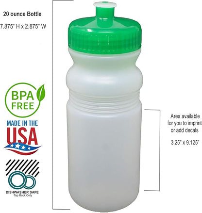 Rolling Sands 20 Ounce Sports Water Bottles 24 Pack, BPA-Free, Made in USA, Dishwasher Safe, Clear Frost Bottles/Green Lids