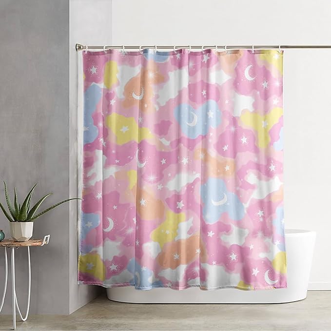 AILONEN Pink Galaxy Shower Curtain,Star and Moon Theme Bathroom Shower Curtain for Girls Kids Teens, 72" W*96" H Colorful Starry Sky Shower Curtain for Bathroom
