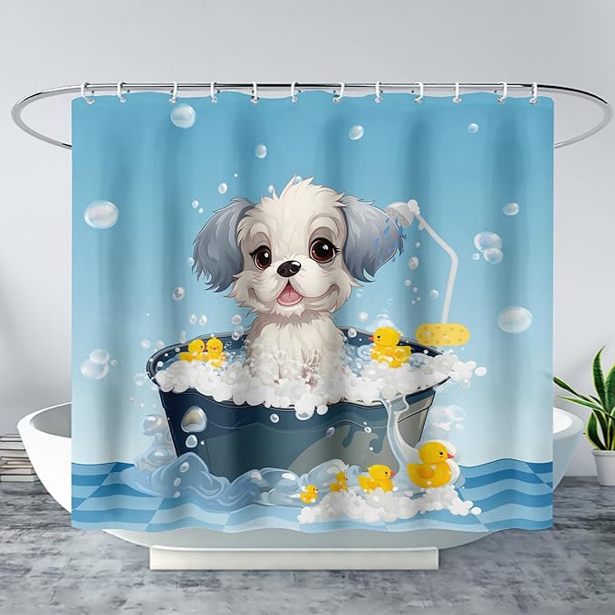 AILONEN Cartoon Bathtub Dog Shower Curtain for Kids 48" W*72" H Kawaii Shower Puppy and Duck Shower Curtain,Polyester Waterproof Fabric Decor for Bathroom Bathtub Panels
