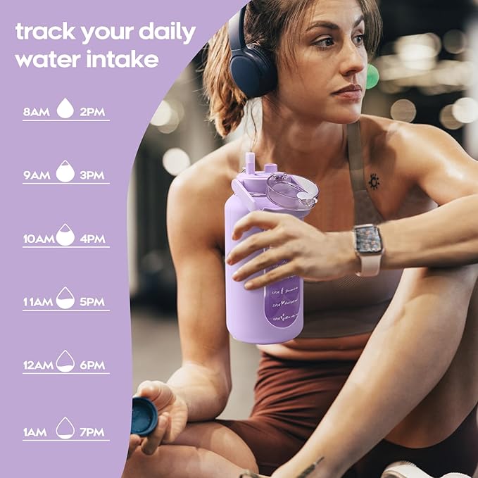 74 oz Glass Water Bolttles with Straw Large Motivational Water Bottle with Time Marker Sports Water Bottles with Silicone Sleeve and Handle Lid 2.2L Water Jug for Gym Workout