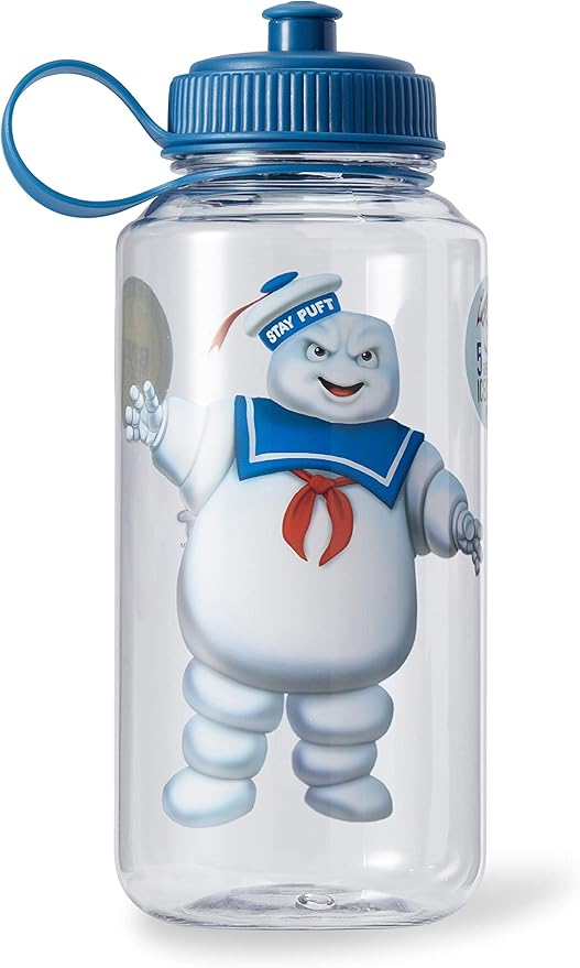 JUST FUNKY Official Ghostbusters Stay Puft Water Bottle - 32-Ounce Clear Container with Blue Lid and Ice Cube Molds - Features Giant Marshmallow Man and Film Logo - Licensed Franchise Merchandise