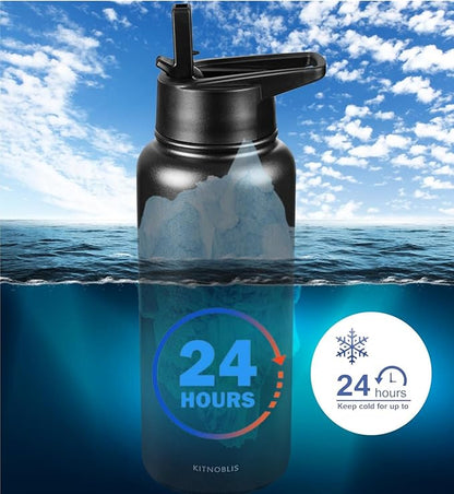 Water Bottle Insulated 32oz Straw Lid, Leak Proof, Vacuum Insulated,Stainless Steel Water Bottle Wide Mouth for Sports, Gym, BPA-Free Keep Cold 24H Hot 12H (BLACK)