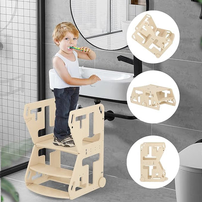 Toddler Step Stool, Potty Training Seat, 2 in-1 Toddler Learning Tower, Folding Adjustable Height Platform Toddler Step Stool with Handles and Wheels, Wooden Convertible Kids Table and Stool Set