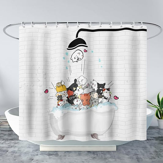 AILONEN Cute Cats Shower Curtain for Kids 72" W*72" H Inch,Kawaii Hilarious Funny Cat Pet Playing Water Shower Curtain,12 Pack Hooks Polyester Waterproof Fabric Decor for Bathroom Bathtub Panels