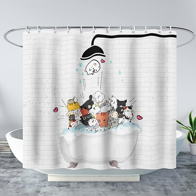 AILONEN Cute Cats Shower Curtain for Kids 36" W*72" H Inch,Kawaii Hilarious Funny Cat Pet Playing Water Shower Curtain,12 Pack Hooks Polyester Waterproof Fabric Decor for Bathroom Bathtub Panels