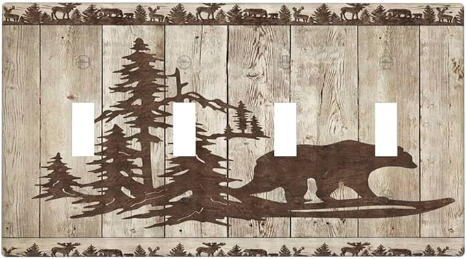 Rustic Wood Bear Forest Quad Toggle Light Switch Cover Decorative Vintage Antique Cabin 4 Gang Wall Plate Electrical Faceplate Switchplate for Farmhouse Bathroom Bedroom Living Room Decor