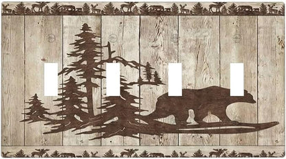 Rustic Wood Bear Forest Quad Toggle Light Switch Cover Decorative Vintage Antique Cabin 4 Gang Wall Plate Electrical Faceplate Switchplate for Farmhouse Bathroom Bedroom Living Room Decor