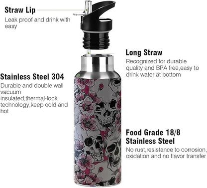 Floral Skull Sport Water Bottle with Straw, Vacuum Insulated Stainless Steel Thermal Drinking Travel Mug Cups For Gym Fitness Camping-17oz/500ml, Pink