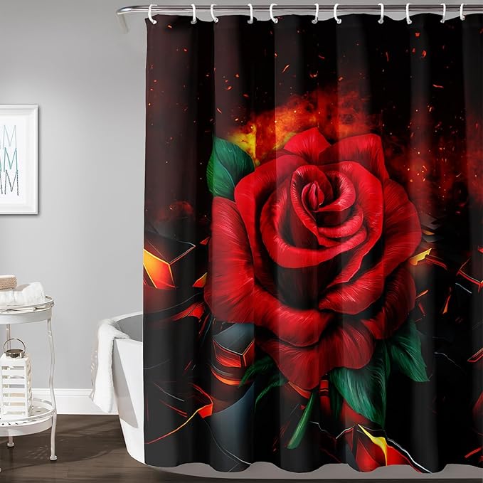 AILONEN Red Rose Shower Curtain for Bathroom, 3D Print Romantic Flower Bath Curtain,Modern Botanical Flame Fire Rose Flower Waterproof Shower Curtain Decoration with 12 Plastic Hooks, 48" W*72" H