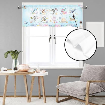 Colorful Sea Animals Valance 54''x18'' Kids Toddler Nursery Bedroom Window Decor Drapes Whale Dolphin Turtle Sea Horse Corals Rainbow Rod Pocket Short Curtains for Kitchen Living Room Bathroom 1 Pack