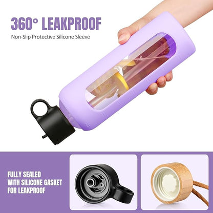 24oz Glass Water Bottle With 2 Lids-Flip Straw Lid, Bamboo Lid, Glass Water Bottle With Silicone Sleeve, Motivational Time Marker, Glass Juice Bottle for Cold Drink,Purple