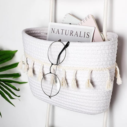 Over the Door Hanging Basket Boho Woven Wall Hanging Baskets 3-Tier Cotton Wall Mounted Storage Organizer Bag Macrame Decorative Hanging Baskets for Kitchen Laundry Room Stairs(White)
