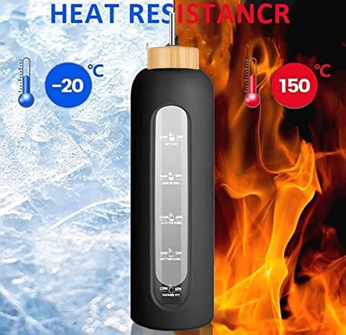 32 oz Glass Water Bottles with Straw - Motivational Glass Water Bottle with Time Marker & Silicone Sleeve(grey)