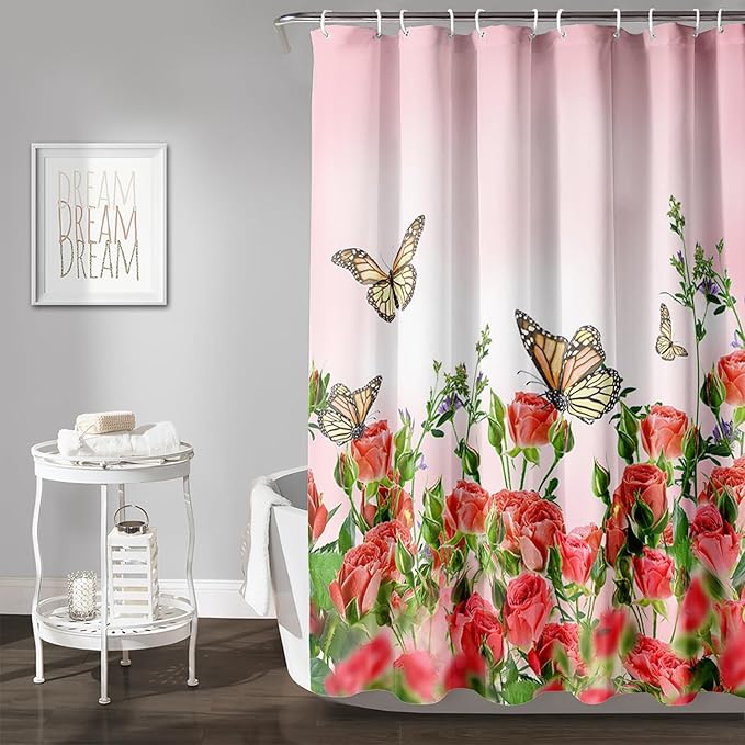 AILONEN Butterfly Shower Curtain for Bathroom, Red Flower Bath Curtain,Flying Butterfly Bathroom Curtain,Polyester Waterproof Bathroom Decor Curtain with 12 Plastic Hooks(72" W*72" H)