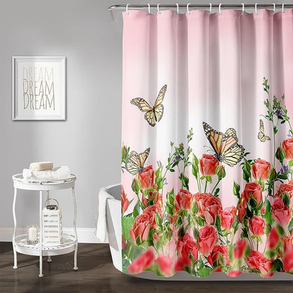 AILONEN Butterfly Shower Curtain for Bathroom, Red Flower Bath Curtain,Flying Butterfly Bathroom Curtain,Polyester Waterproof Bathroom Decor Curtain with 12 Plastic Hooks(72" W*78" H)