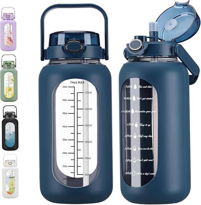 74 oz Glass Water Bolttles with Straw Large Motivational Water Bottle with Time Marker Sports Water Bottles with Silicone Sleeve and Handle Lid 2.2L Water Jug for Gym Workout