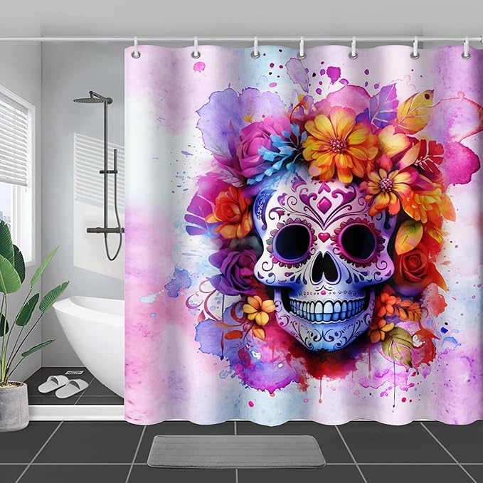 AILONEN Sugar Skull Shower Curtain for Bathroom,Pink Purple Graffiti Flower Art Bathroom Curtain for Kids Girls Teen,Bath Curtain 72" W*96" H Polyester Waterproof Bathroom Curtain with 12 Hooks