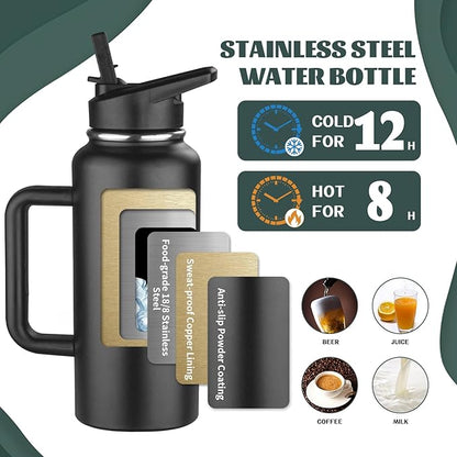 32oz Insulated Water Bottle with Handle, Stainless Steel Sports Metal Water Flask with Straw & 2 Leak Proof Lids, Double Walled Vacuum Wide Mouth Water Bottle for Travel, Camping, Gym Sports (Black)