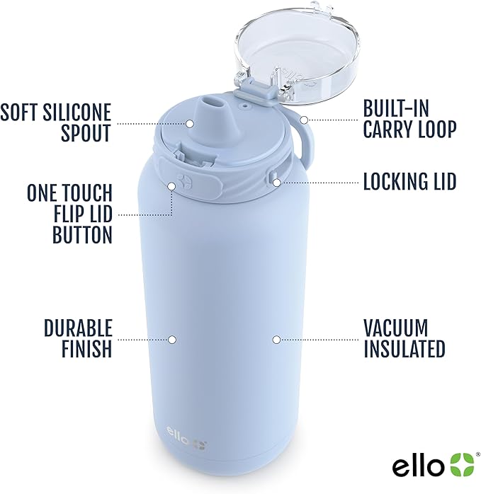 Ello Cooper 40oz Stainless Steel Water Bottle with Straw and Carry Handle, Double Walled and Vacuum Insulated Metal, Leak Proof Locking Lid with Soft Silicone Spout, Reusable, BPA Free, Halogen Blue