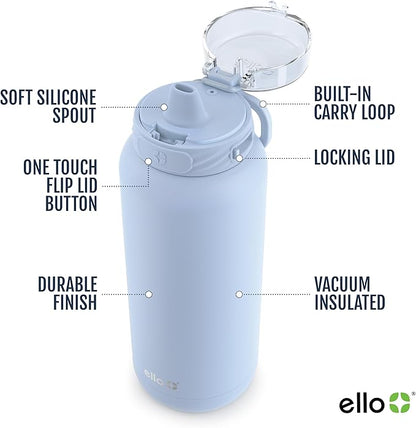 Ello Cooper 32oz Stainless Steel Water Bottle with Straw and Carry Handle, Double Walled and Vacuum Insulated Metal, Leak Proof Locking Lid with Soft Silicone Spout, Reusbale, BPA Free, Halogen Blue