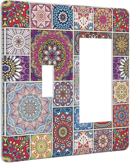 Morocco Talavera Mexican Tiles Printed Colroful Mandala 2 Gang Single Toggle Rocker Combination Light Switch Covers Wall Plate Cover Electrical Faceplate Decorative Switchplate for Kitchen Bathroom