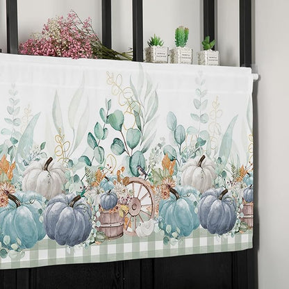 Fall Thanksgiving Kitchen Curtains Valances for Windows Navy Blue Pumpkins Green Eucalyptus Leaves Rod Pocket Window Treatment for Kitchen /Living Room/Bedroom/ Bathroom,42" X 12" Sage Farmhouse Plaid