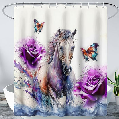 AILONEN 3D Horse Shower Curtain,Galloping Horses with Butterfly Waterproof Fabric Shower Curtains for Bathroom,Oil Purple Rose Bath Curtain Set with Hooks, 48" W*72" H