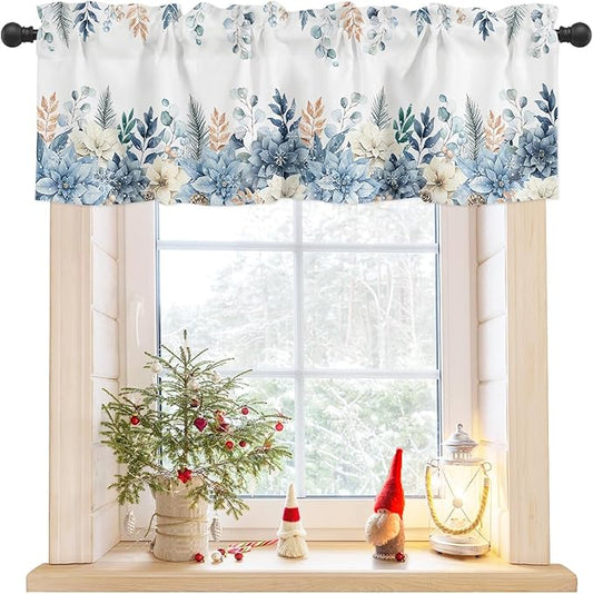 Blue Christmas Poinsettia Valance Curtains for Kitchen Windows Winter Eucalyptus Leaves Rod Pocket Window Treatment Toppers for Kitchen/Living Room/Bedroom/Bathroom, 42" X 12",