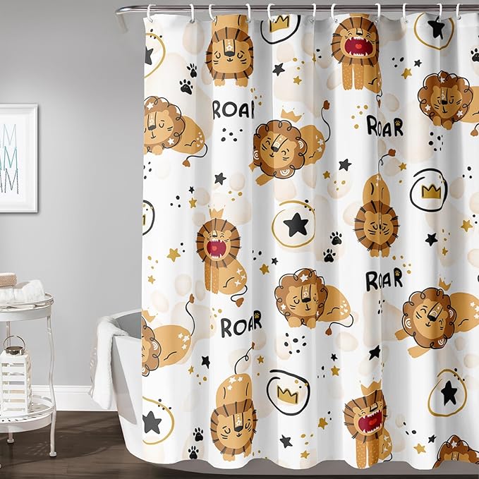 AILONEN Cute Lion Shower Curtain for Bathroom, Children Kwwaii Animal Bathroom Curtain Decor,Printed Bath Curtain for Boys Girls 72" W*96" H Polyester Waterproof Bathroom Curtain with 12 Hooks