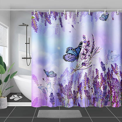 AILONEN Flying Butterfly Shower Curtain for Girl Women,Purple Lavender Flower Butterfly Floral Decor Bath Curtain 36" W*72" H Polyester Fabric Waterproof Bathroom Bathtub Curtain with 12 Hooks