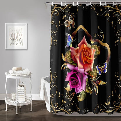 AILONEN Girls Rose Floral Shower Curtain 72" W*72" H for Bathroom, Gold Yellow Flower Butterfly Bathroom Curtain,Women Teen Girls Flower Bath Curtain Polyester Waterproof Bath Curtain with 12 Hooks