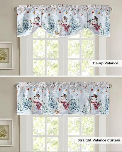 Snowman Blackout Tie Up Valance Curtains for Kitchen Windows Blue Merry Christmas Tree Red Balls Squirrel Window Toppers Balloon Shades for Living Room/Bathroom/Bedroom,1 Panel, 54" X 18", Winter