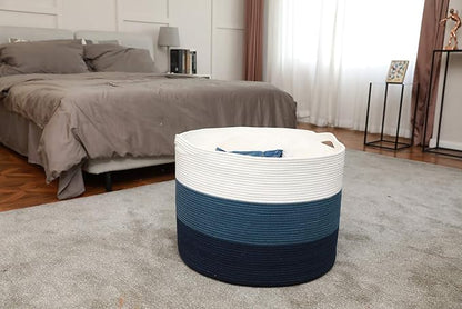 24" x 24" x 17" Max Size Large Cotton Rope Basket, Extra Large Storage Basket, Woven Laundry Hamper, Cloth Storage Bin, for Blankets Clothes Towels Pillows in Living Room, Dark Blue/Deep Blue