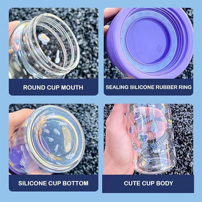 360ML/12.2OZ Cute Glass Water Bottle, Cute Portable Sports Leakproof Water Cup, Cute Glass Water Bottle for School, Camping,Traveling,Office,Car,Girls(Purple)