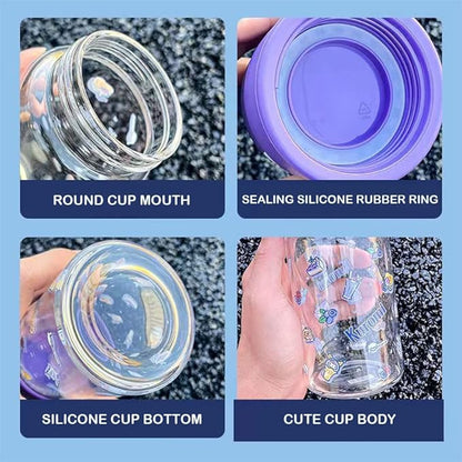 360ML/12.2OZ Cute Glass Water Bottle, Cute Portable Sports Leakproof Water Cup,Cute Glass Water Bottle for School, Camping,Traveling,Office,Car,Girls(Pink)