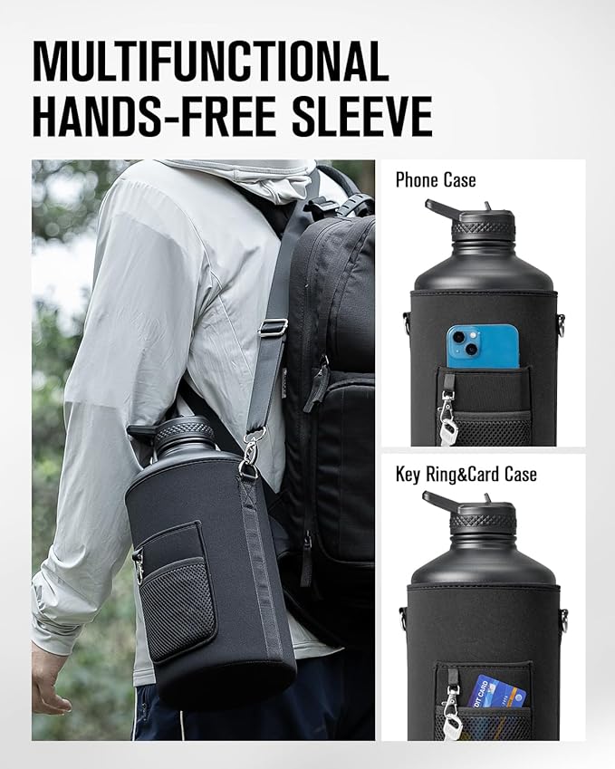 Coolplus Gallon Water bottle insulated with straw, Water Jug 128 oz Stainless Steel Double-Walled Vacuum Metal Large Flask With Carry Sleeve for Sports Gym Ourdoor, Keep Cold 48 Hrs, Black