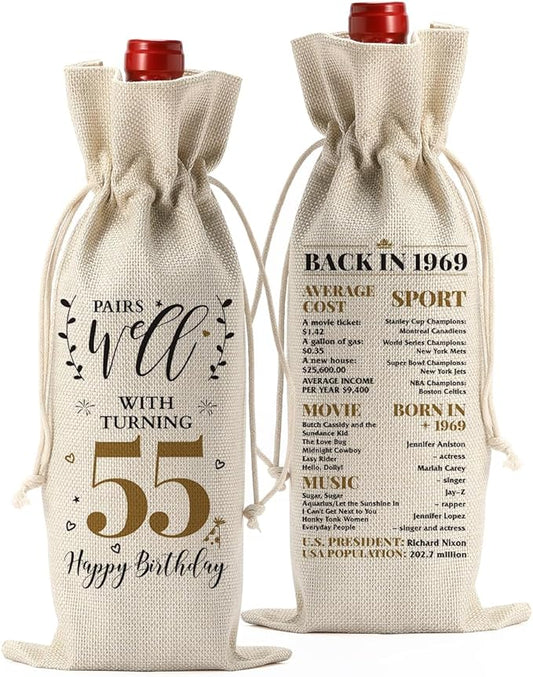 55th Birthday Gifts for Women Men Funny Wine Bag 55th Birthday Decorations Party Favors Anniversary Retirement 55 Year Old Gifts for Woman Her Him Grandma Wife Friends Mom Wine Gift Bag