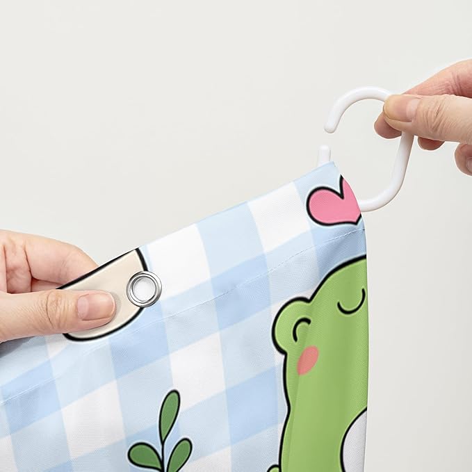 AILONEN Kawaii Frog Shower Curtain,Cute Cartoon Mushroom Frog Bath Curtain,Romantic Frog Couple Hearts Printed Waterproof Blue Stripe Curtain, 72" W x 84" H