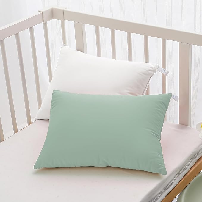 MEILA 2 Pack Cotton Toddler Pillows, 13x18 Pillows for Sleeping and Traveling, Machine Washable Kids Pillows Ideal for Crib, Bed, Cot and Nap, Natural White & Green