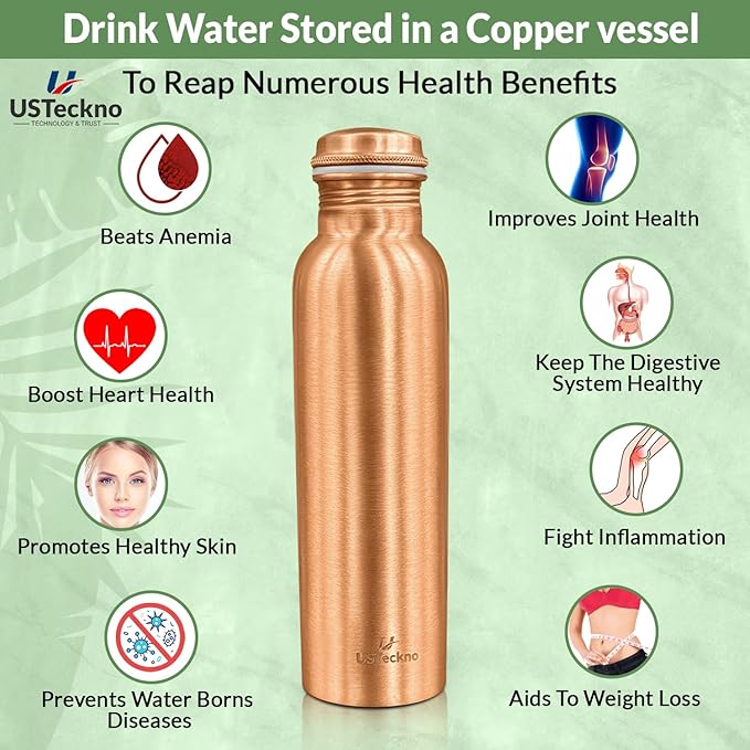 Copper Water Bottle - 34 Oz Extra Large Handcrafted Ayurvedic Copper Bottle for Travel,Yoga,Gym Lower Your Sugar Intake And Enjoy Health Benefits Immediately. Lab Tested (Smooth Finish)