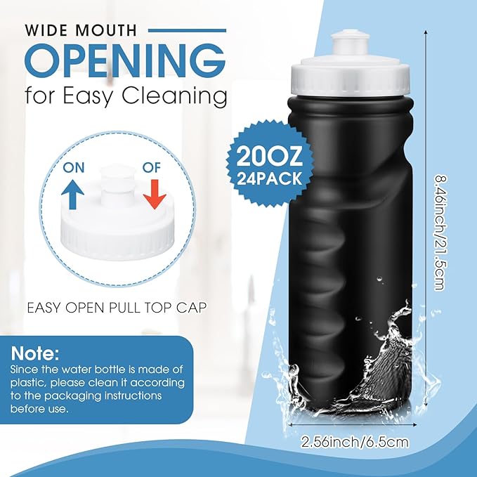 24 Pcs Sports Water Bottles Bulk 20 oz Squeeze Bottle Black Reusable Plastic Water Bottles with Pull Top Cap Leak Proof Water Bottles for Adults Kids Gym, Hiking, Camping, Outdoor Sports
