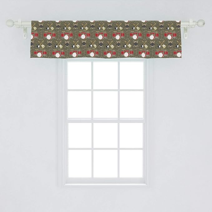 Ambesonne Music Window Valance, Rock and Roll Theme with Electric Guitars Drums and Amplifiers Melody Audio, Curtain Valance for Kitchen Bedroom Decor with Rod Pocket, 54" X 12", Army Green and Red