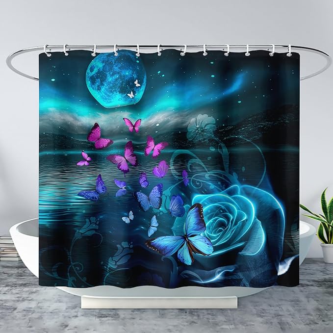 AILONEN Flying Butterfly Shower Curtain for Girls Women,Blue Sky Starry Ocean Sea Rose Bath Curtain 72" W*84" H Polyester Fabric Waterproof Bathroom Curtain with 12 Hooks