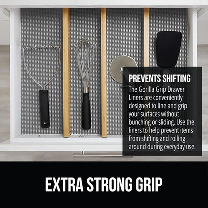 Gorilla Grip powerGRIP Drawer Shelf and Cabinet Liner, Thick Strong Hold, Non-Adhesive Liners Protect Kitchen Cabinets and Cupboard, Bathroom Drawers, Easy Install, Breathable Mat, 17.5" x30', Gray